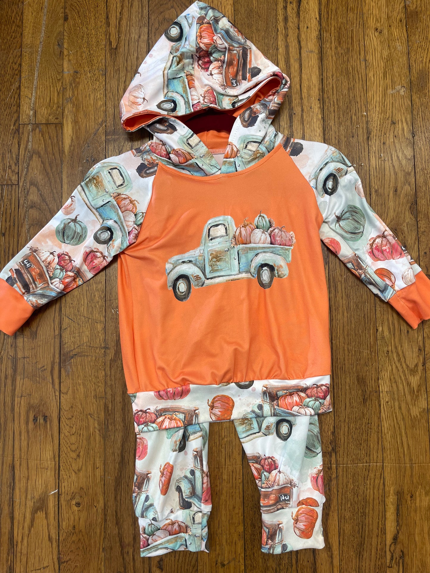 Long Sleeve Raglan Farm Truck & Pumpkins Hooded Pants Set Halloween/Thanksgiving