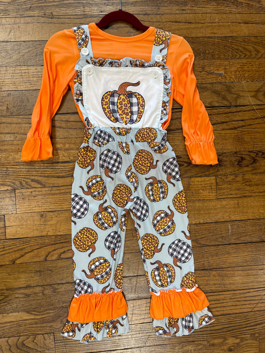 Long Sleeve Orange Top w/ Cheetah Print and Black & White Checkered Print Pumpkin Themed Over-Alls Halloween/Thanksgiving