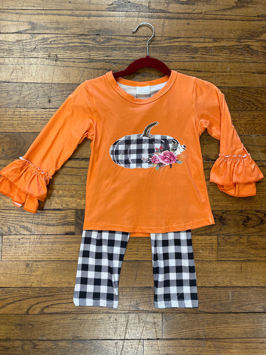 Orange Long Sleeve w/ Black and White Checkered Pumpkin and Leggings Halloween/Thanksgiving