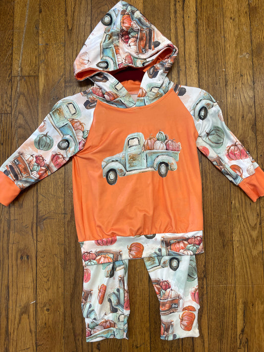 Long Sleeve Raglan Farm Truck & Pumpkins Hooded Pants Set Halloween/Thanksgiving