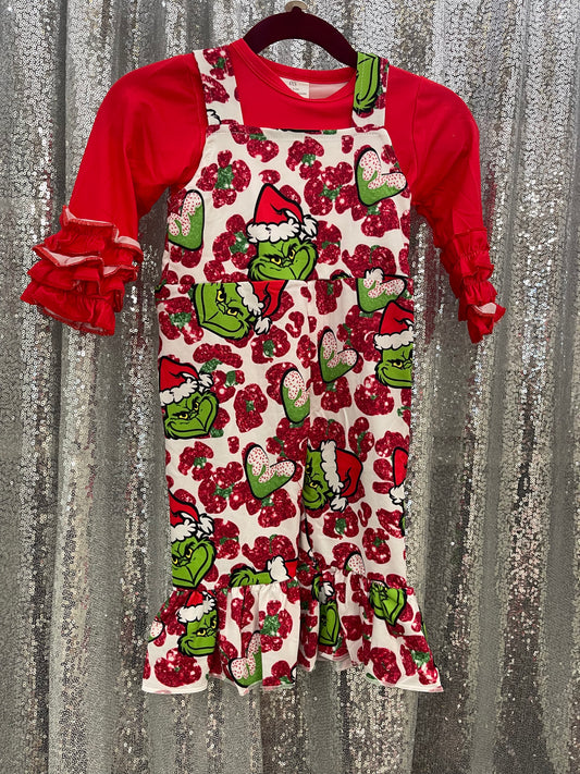 Red Long Sleeve Shirt w/ Grinch Overalls Christmas