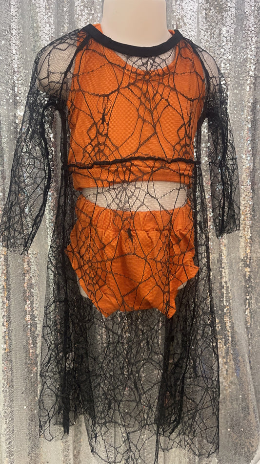 Orange Two Piece Bummie Set w/ See Through Spiderweb Shaw Halloween