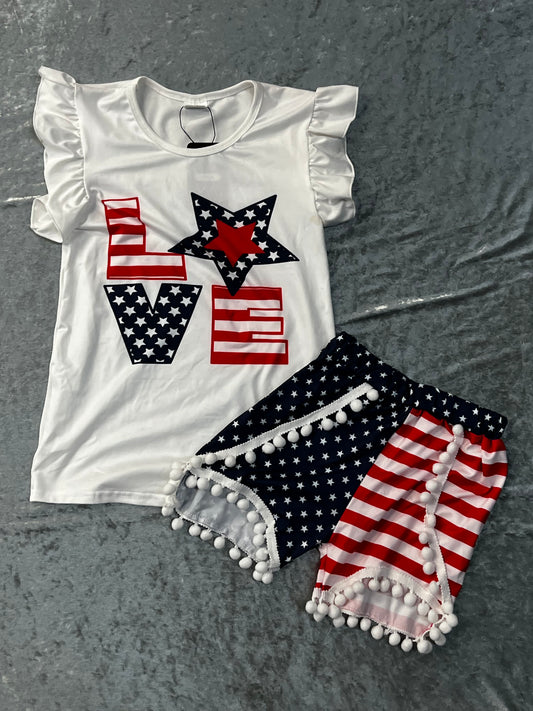 LOVE Red, White and Blue Pom Pom Shorts Set 4th of July/New Years