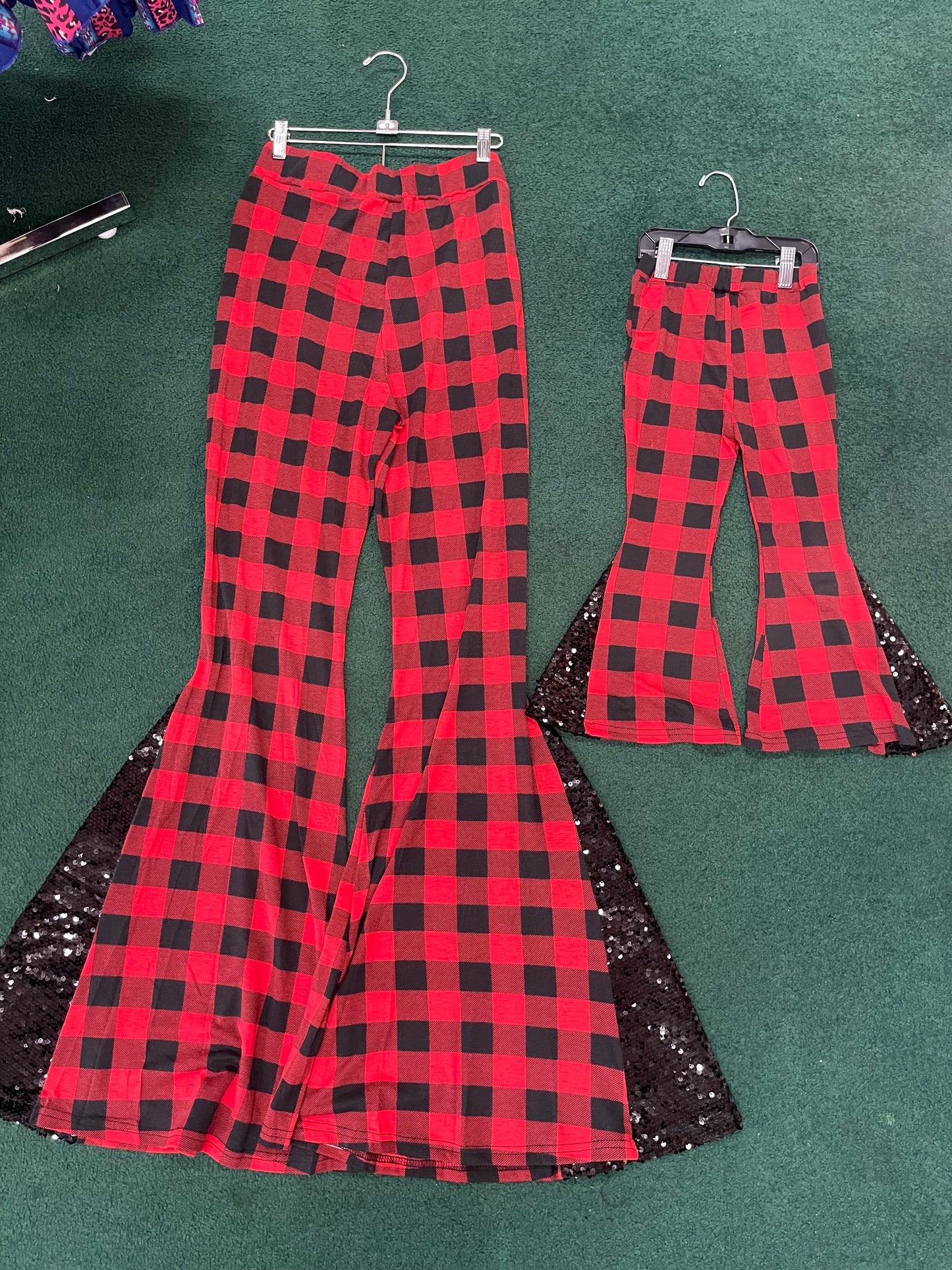 Red Buffalo Plaid w/ Black Sequin Mommy & Me Bellbottom Pants