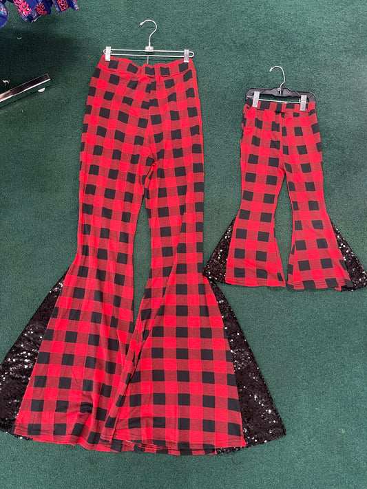 Red Buffalo Plaid w/ Black Sequin Mommy & Me Bellbottom Pants